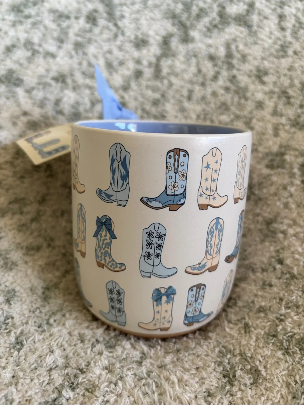 Cute Artisan Blue & Cream Cowboy Boot Ceramic Mug 16oz NWT Sunday Morning